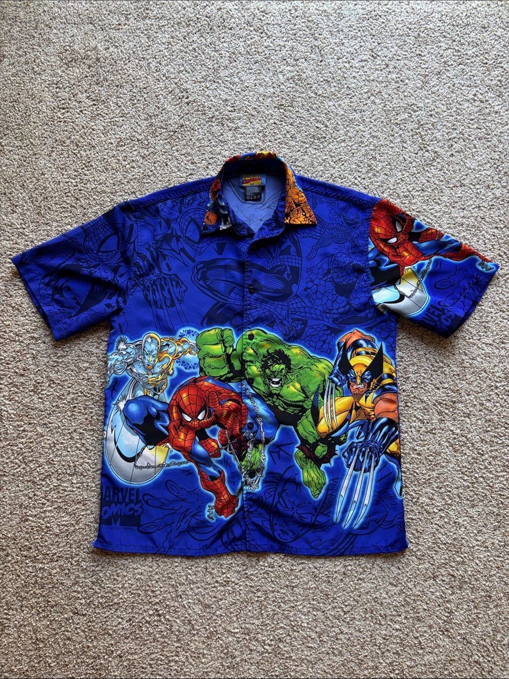 VTG Y2K Marvel Comics AOP All Over Print Shirt Spider-Man Hulk Wolverine Fits L